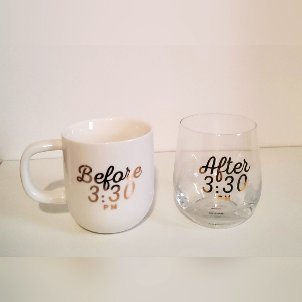 Coffee Mug Before 3:30pm and Wine Glass After 3:30pm Indigo